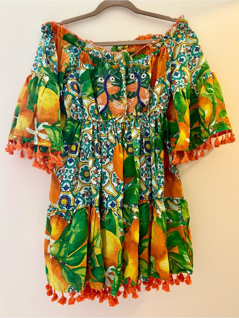 NWT Antiqua Sartoria Off The Shoulder Beaded Mini Dress with Tassles